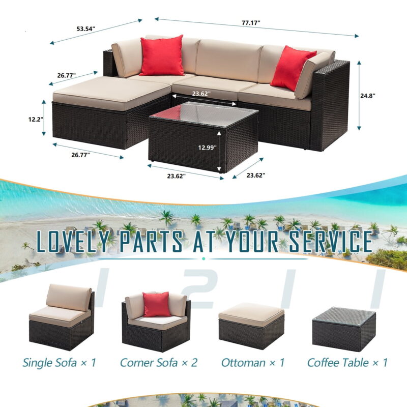 LACOO 5 Pieces Patio Sectional Set PE Rattan Outdoor All-Weather Wicker Conversation Set with Table, Beige - Image 3