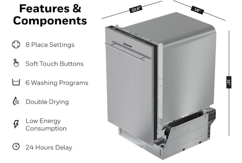 Honeywell 18 inch Dishwasher with 8 Place Settings, 6 Washing Programs, Stainless Steel Tub - Image 6