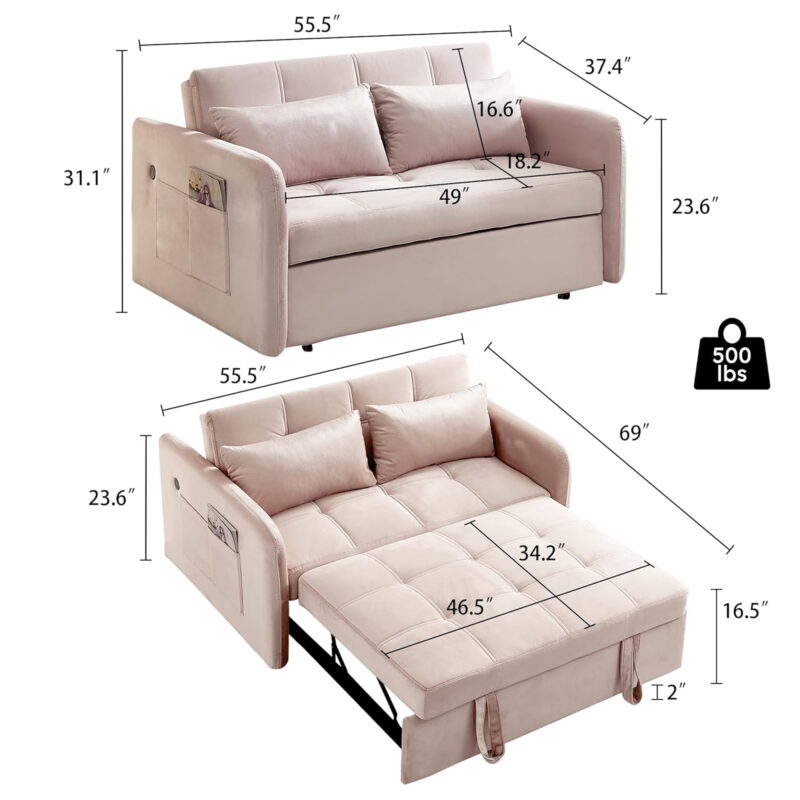 DEALTOPS Convertible Sofa Bed with USB, 55'' Loveseat Sleeper for Living Room, Apartment, Bedroom, Pink Velvet - Image 7