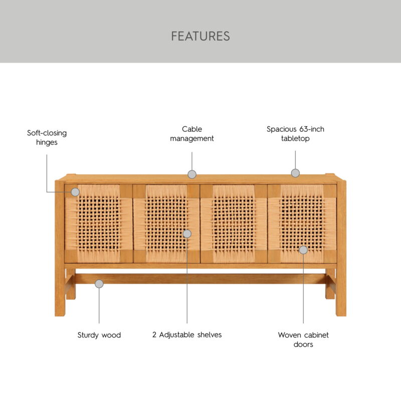 Better Homes & Gardens Vista Woven Coastal TV Stand for TVs up to 65", Light Honey - Image 4