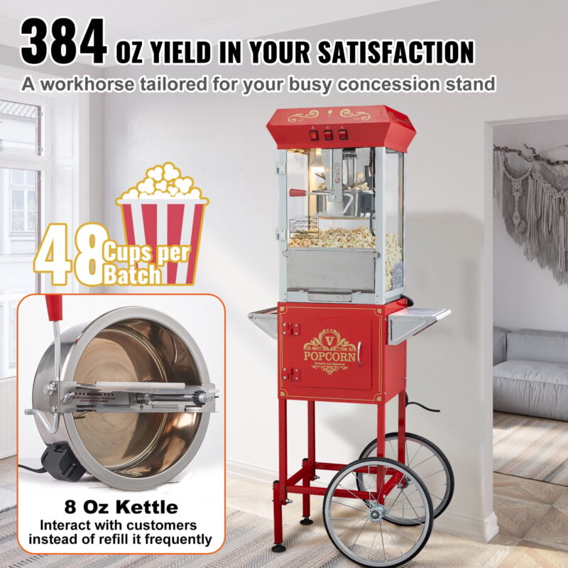 BENTISM Popcorn Popper Machine With Cart 8 Ounce Vintage Style Popcorn Maker with Cart 850W 48 Cups, Red - Image 3