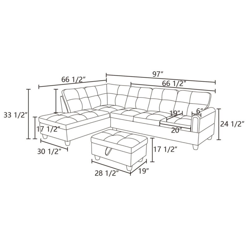 Hommoo Modern Flannel Living Room Furniture Sets Sectional Couches and Sofas, L-Shaped Sectional Couch Sofa, Grey(No Ottoman) - Image 2