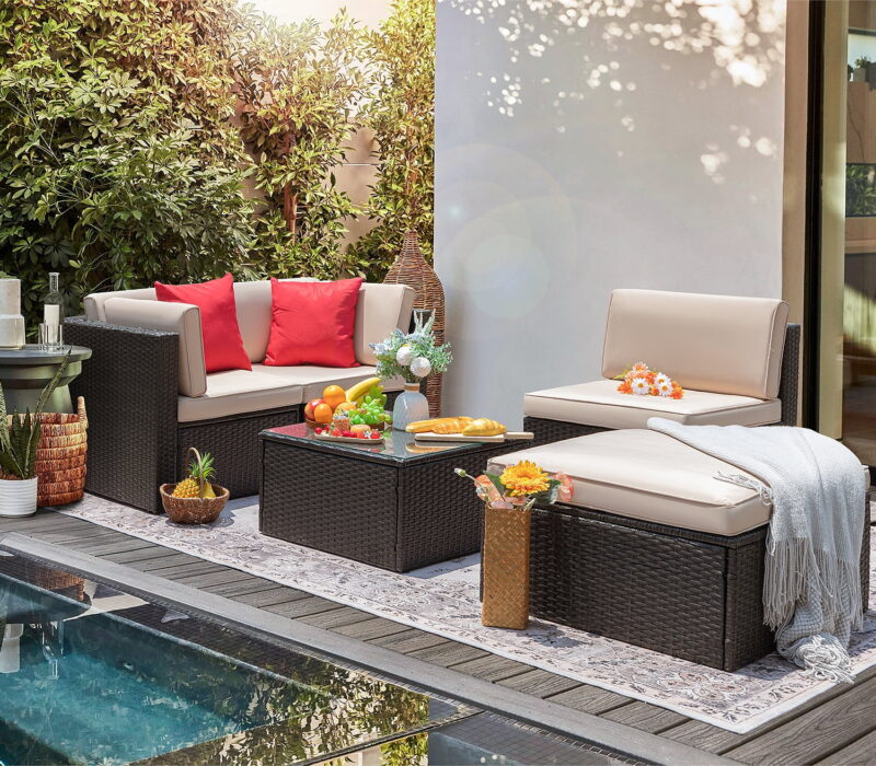 LACOO 5 Pieces Patio Sectional Set PE Rattan Outdoor All-Weather Wicker Conversation Set with Table, Beige - Image 6