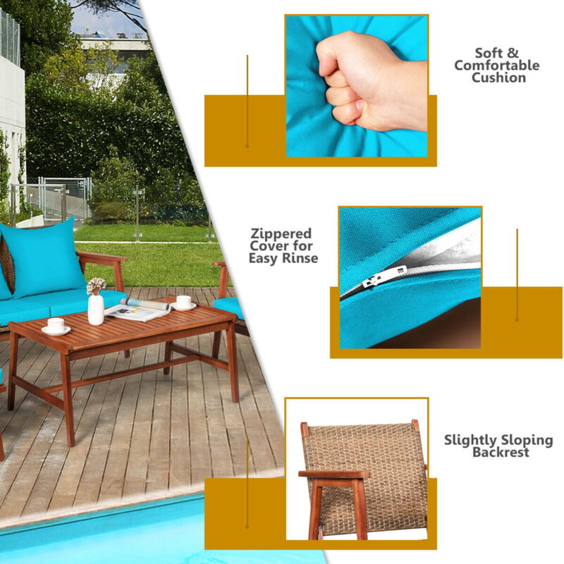 Gymax Fashion 4PCS Patio Conversation Set Wood Frame Furniture Set w/ Turquoise Cushions - Image 5