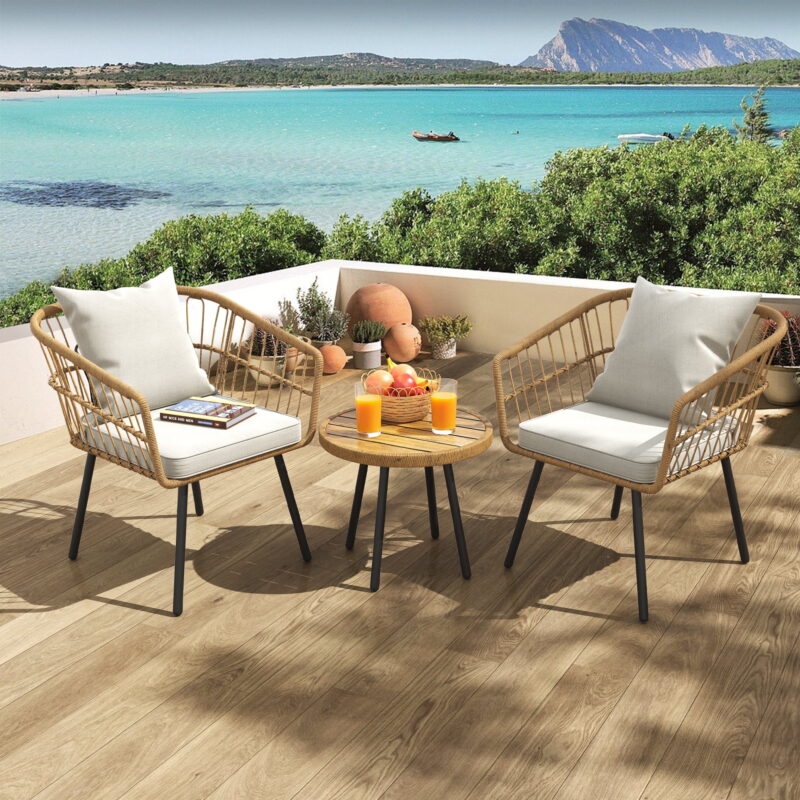 Dextrus 3 Piece Outdoor Wicker Furniture Patio Bistro Set, PE Rattan Wicker Chairs Set with Table and Cushions, Porch Balcony Furniture Set for Porch Backyard Pool, Beige - Image 7