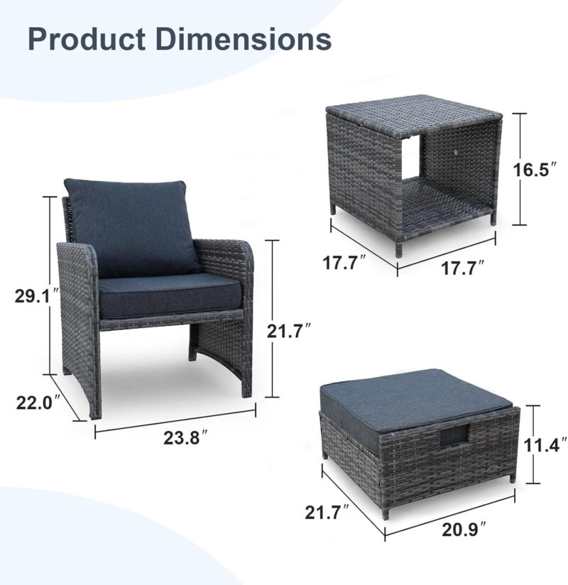 AENKYO Patio Furniture Set Rattan Patio Chair Set with Ottoman, Pillows Included, Perfect for Balcony, Small Space, Porch, 5 Pieces - Image 2