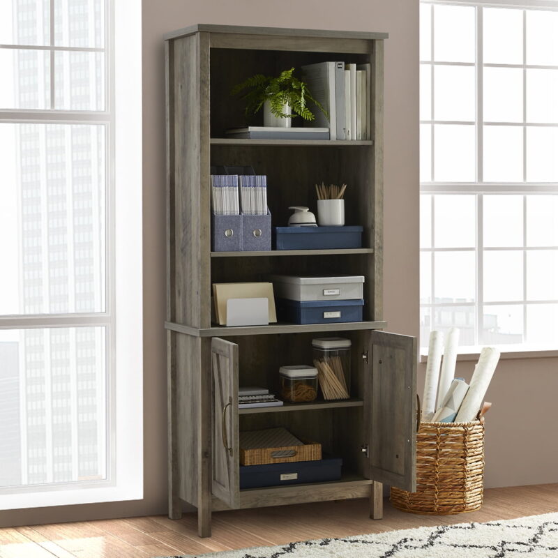 Better Homes & Gardens Modern Farmhouse Bookcase with Doors, Gray Finish - Image 4