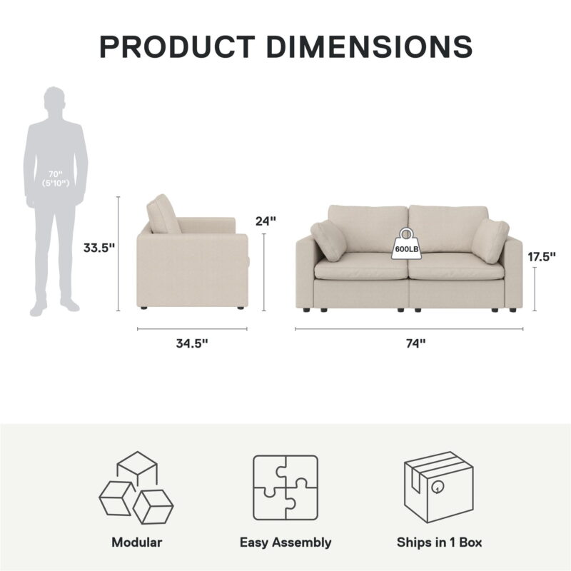 Mainstays Chatham Cloud 74" 3 Seater Upholstered Sofa Couch Modular Design, Cream - Image 6