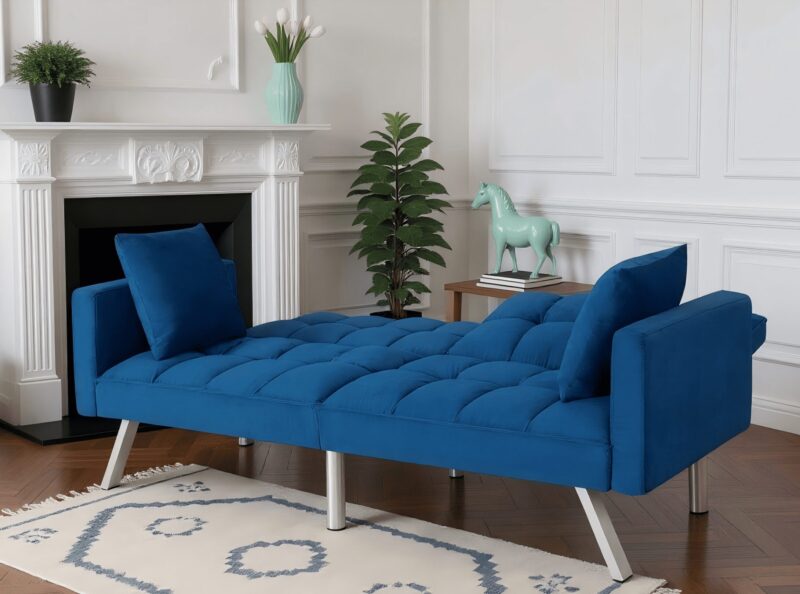 Gewnee 74"Velvet Upholstered Modern Convertible Futon, Adjustable Folding Sofa Bed, Guest Bed for Living Room, Bedroom, Apartment (Navy Blue) - Image 3