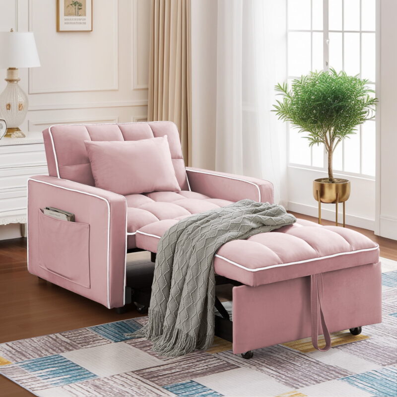 Dinosisco 3-in-1 Convertible Chair Bed, Sleeper Chair Lounge Chair Indoor, Modern Single Pull Out Couch for Living Room, Pink Velvet - Image 4