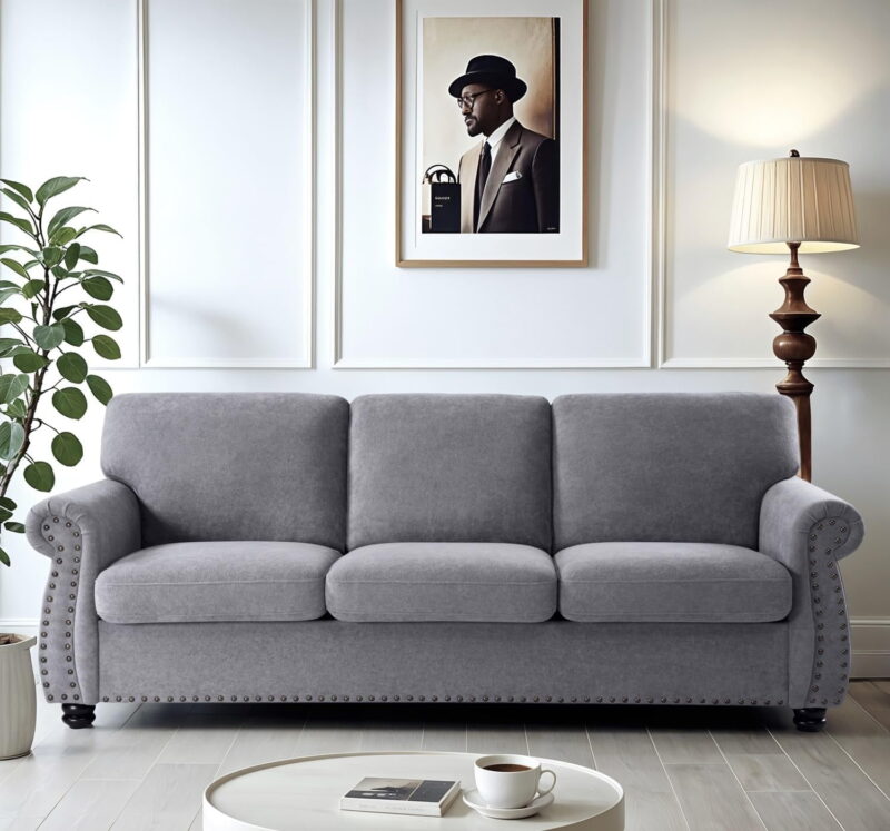 US Pride Furniture 91 in. Wide Rolled Arm Velvet Modern Rectangle Sofa in Grey For Home - Image 2