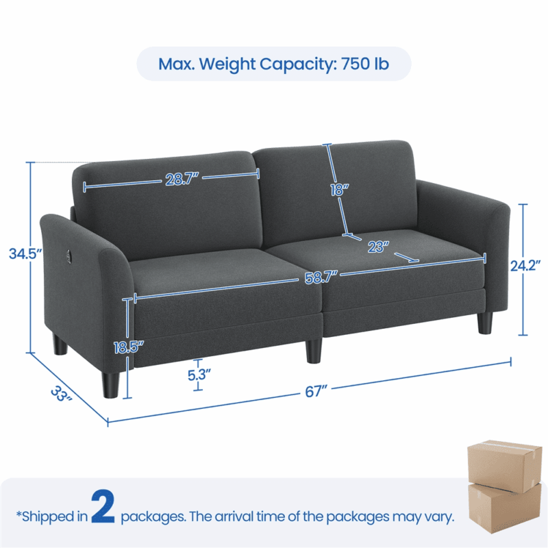Alden Design 2-Seater 67"W Upholstered Sofa with USB Charging Ports for Living Room, Dark Gray - Image 5