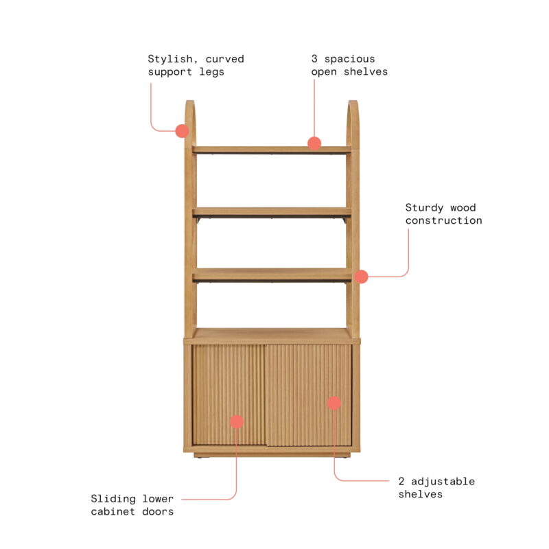 Beautiful Fluted 3-Shelf Bookcase with Storage Cabinet by Drew Barrymore, Light Honey Wood Finish - Image 3