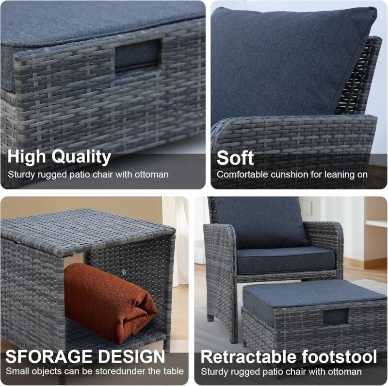 AENKYO Patio Furniture Set Rattan Patio Chair Set with Ottoman, Pillows Included, Perfect for Balcony, Small Space, Porch, 5 Pieces - Image 3
