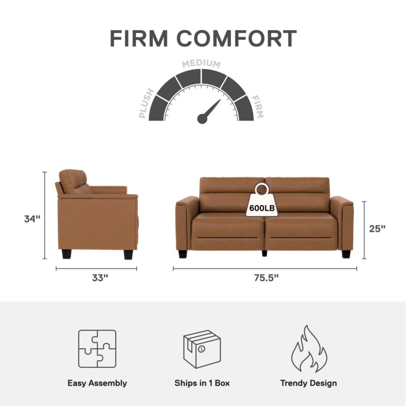 Mainstays Williamson 75.5" Sofa, Brown Faux Leather - Image 3
