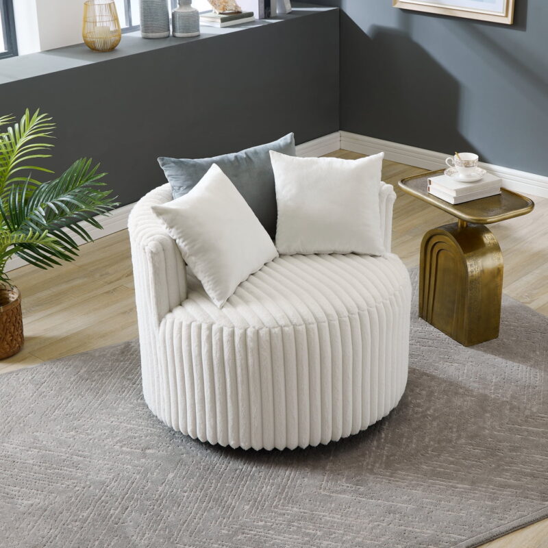 Roundhill Furniture Malna Wide Wale Corduroy Upholstered Barrel Accent Chair with Wheels, Off-white - Image 2