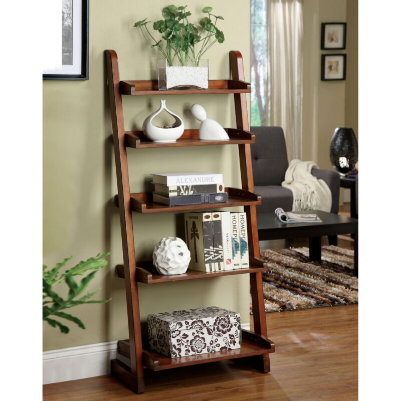 Furniture of America Carley 5-Shelf Ladder Leaning Bookcase, Antique Oak - Image 2