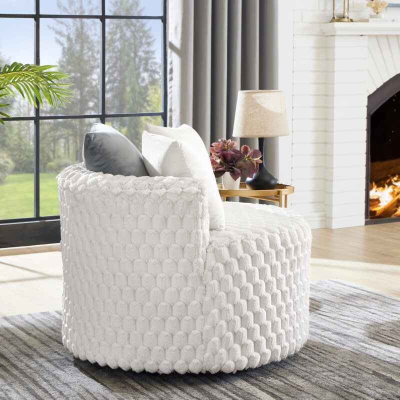 Roundhill Furniture Malna Plush 3D Upholstered Barrel Accent Chair with Wheels, Off-white - Image 3