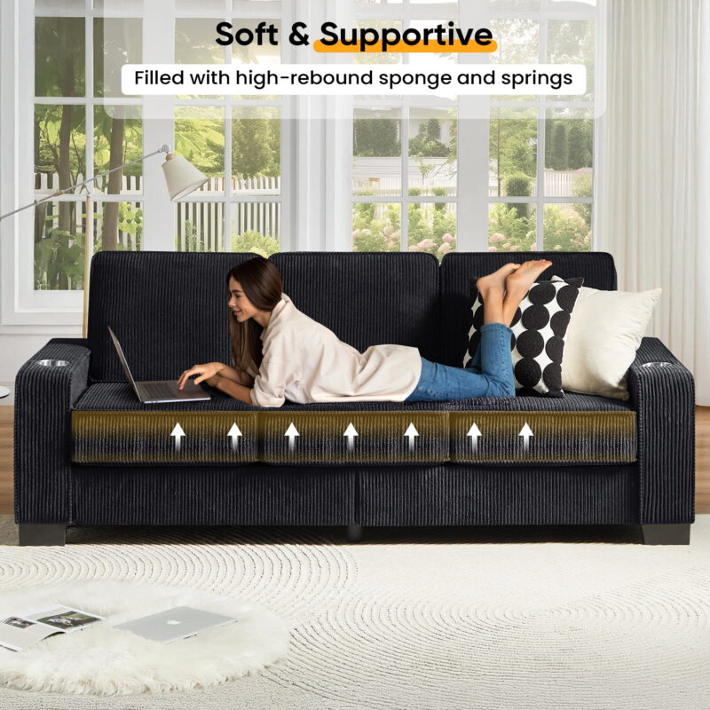 Dinosisco 83.9" Corduroy Sofa with Cup Holders, Modern 3-Seater Couch for Living Room, Black - Image 6