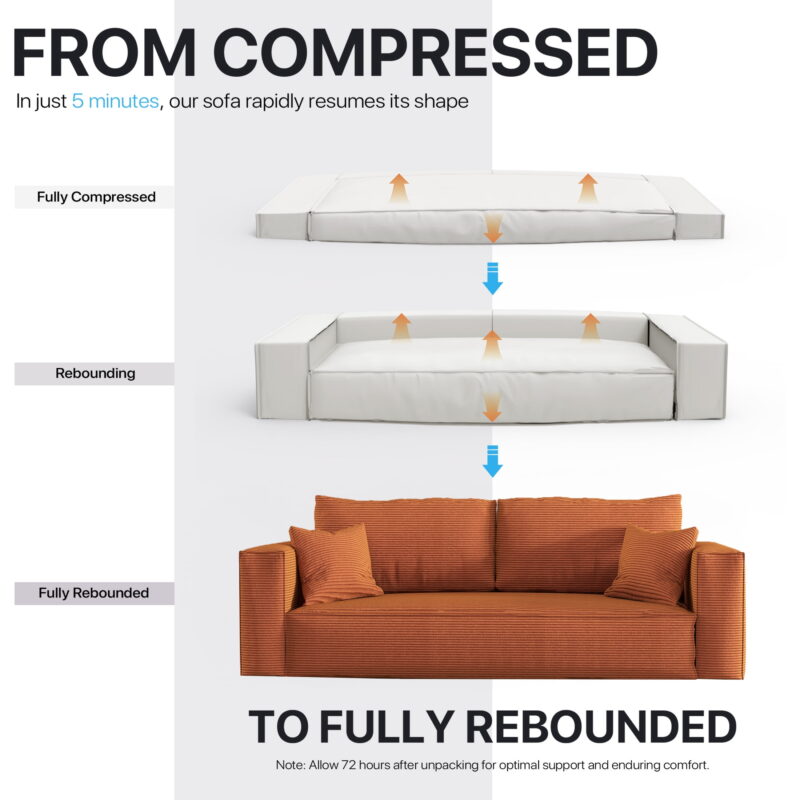 FocalSweet 89" Living Room Sleep Sofa, Deep Seat Corduroy Couch with Side Pocket,No Assembly Required, 3 Seater, Orange - Image 7