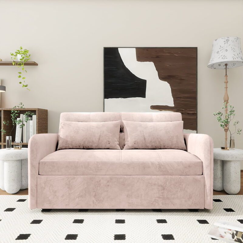 DEALTOPS Convertible Sofa Bed with USB, 55'' Loveseat Sleeper for Living Room, Apartment, Bedroom, Pink Velvet - Image 3