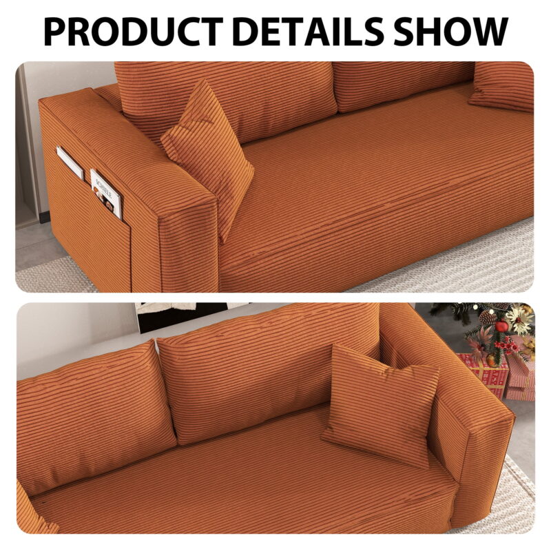 FocalSweet 89" Living Room Sleep Sofa, Deep Seat Corduroy Couch with Side Pocket,No Assembly Required, 3 Seater, Orange - Image 2