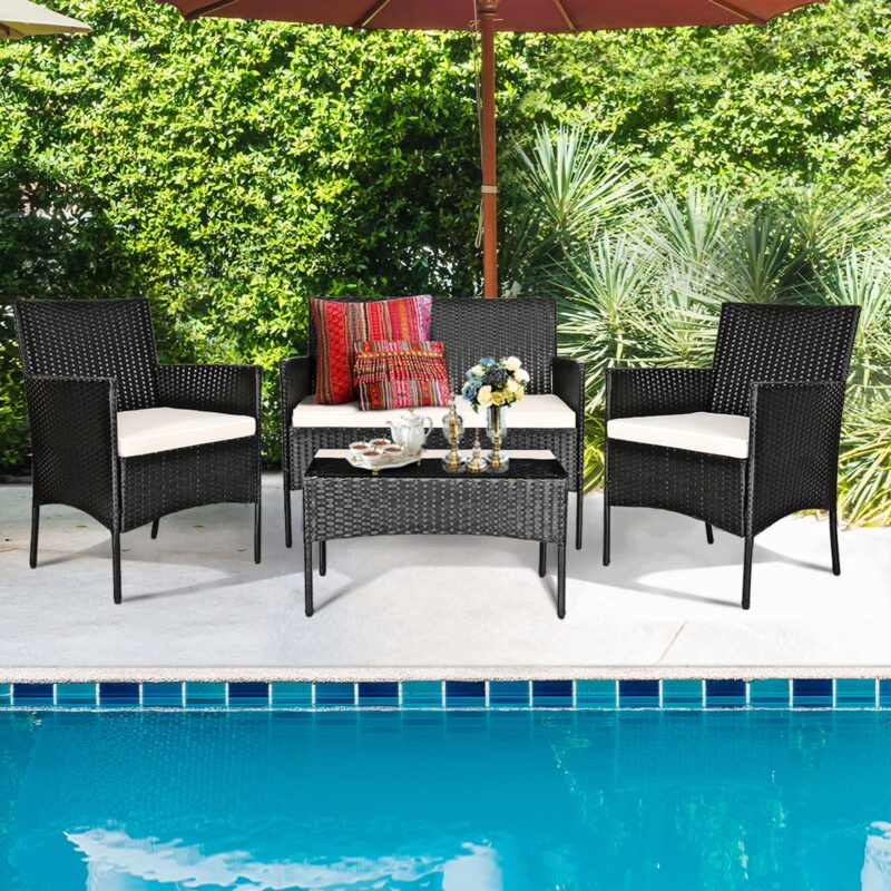 Gymax Fashion 4PCS Outdoor Furniture Set Patio Rattan Conversation Set w/ Beige Cushion - Image 2