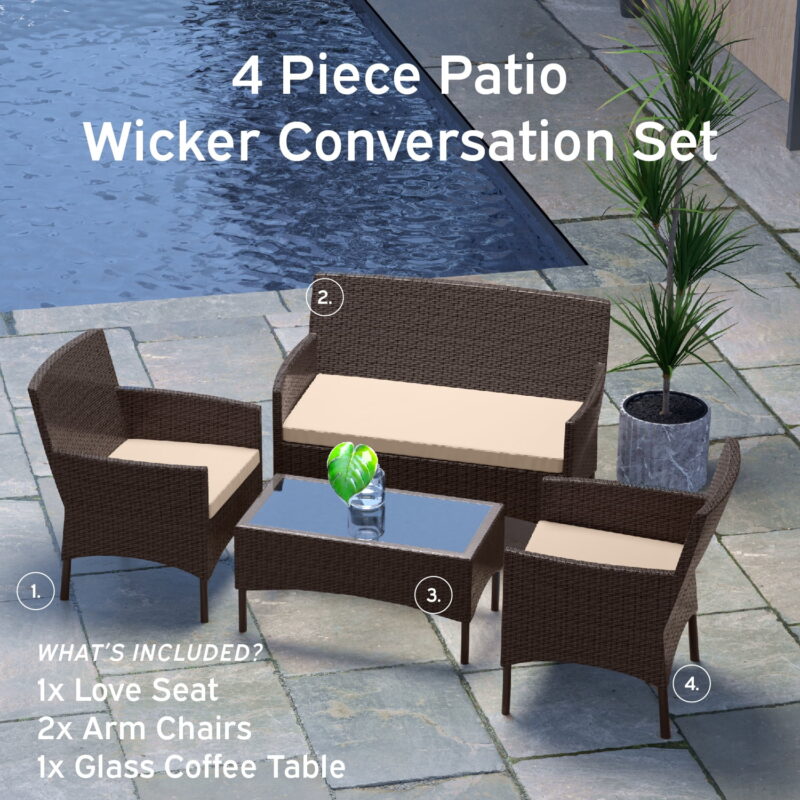 Nestl 4-Piece Outdoor Patio Furniture Set, Wicker Patio Conversation Set, Brown/Beige - Image 5