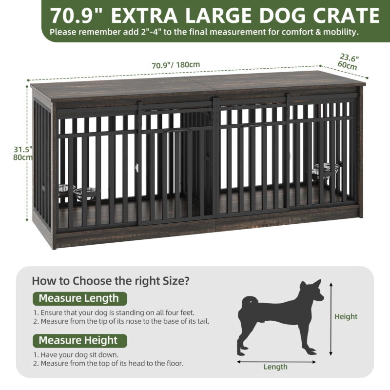 Uforic 71-Inch Farmhouse TV Stand for TVs up to 65",Heavy Duty Dog Crate Furniture with 4 Dog Bowl - Black - Image 4