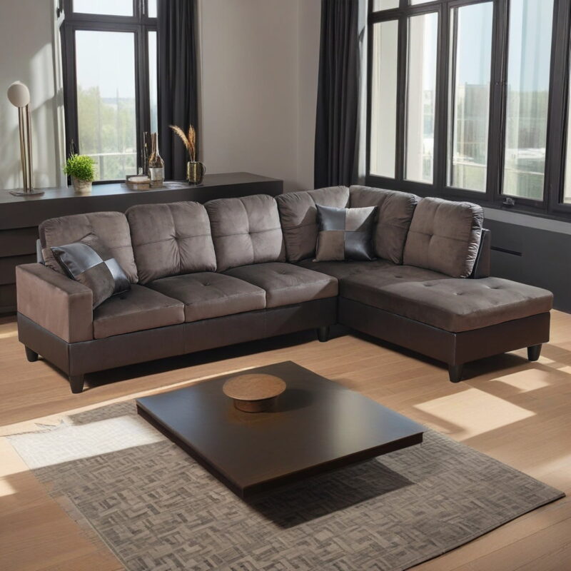 Hommoo 4 Seats Flannel and PVC Sectional Sofa Couch Set, Modern L Shaped Sectional Couch, Living Room Furniture Set, Dark Brown - Image 2