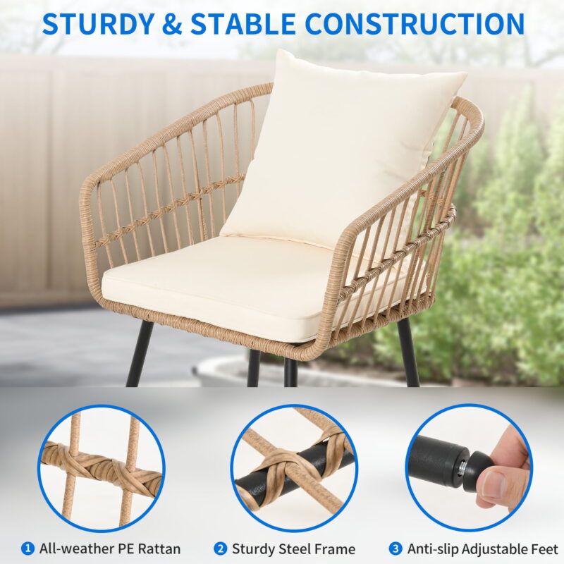 Dextrus 3 Piece Outdoor Wicker Furniture Patio Bistro Set, PE Rattan Wicker Chairs Set with Table and Cushions, Porch Balcony Furniture Set for Porch Backyard Pool, Beige - Image 6