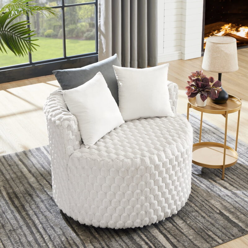 Roundhill Furniture Malna Plush 3D Upholstered Barrel Accent Chair with Wheels, Off-white - Image 2