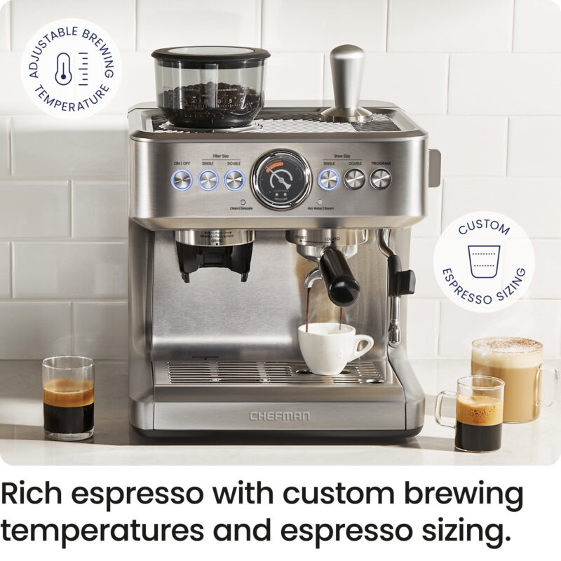 Chefman Crema Supreme Espresso Machine with Conical Burr Grinder and Steam Wand – Stainless Steel, New - Image 5