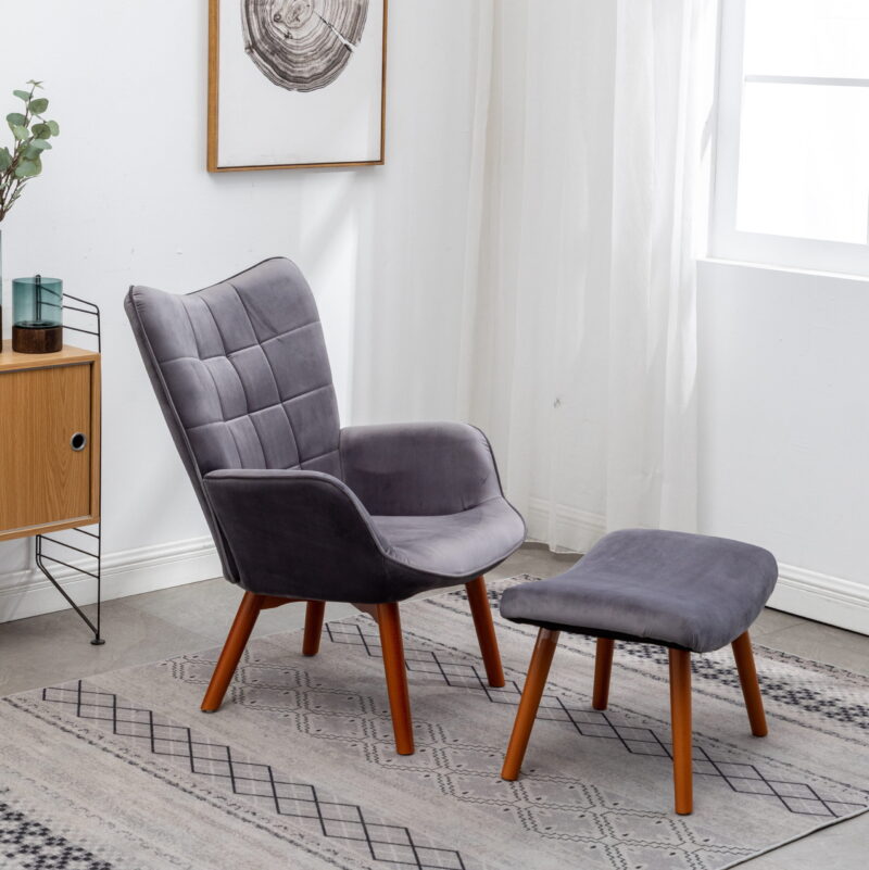 Roundhill Furniture Leiria Contemporary Silky Velvet Tufted Accent Chair with Ottoman, Gray - Image 6