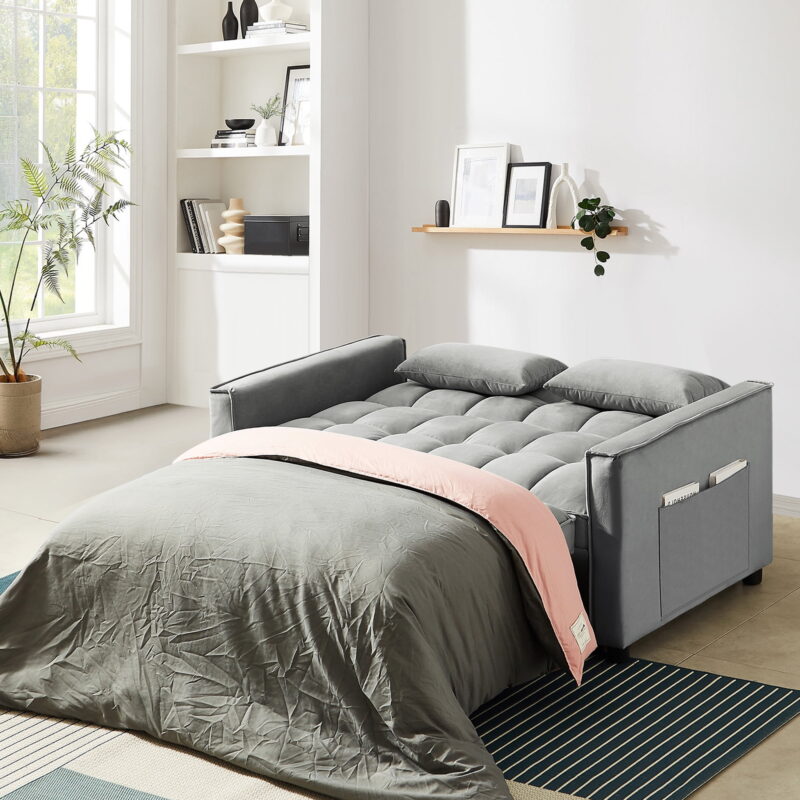 Dinosisco 4-in-1 Convertible Futon Sofa Bed, Pull Out Couch Beds Loveseat Sleeper, Gray Velvet - Image 3