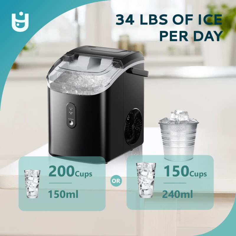 EUHOMY Nugget Ice Maker Countertop with Handle, Ready in 6 Mins, 34.5 lbs Per Day, Removable Top Cover, Auto-Cleaning, Black - Image 2