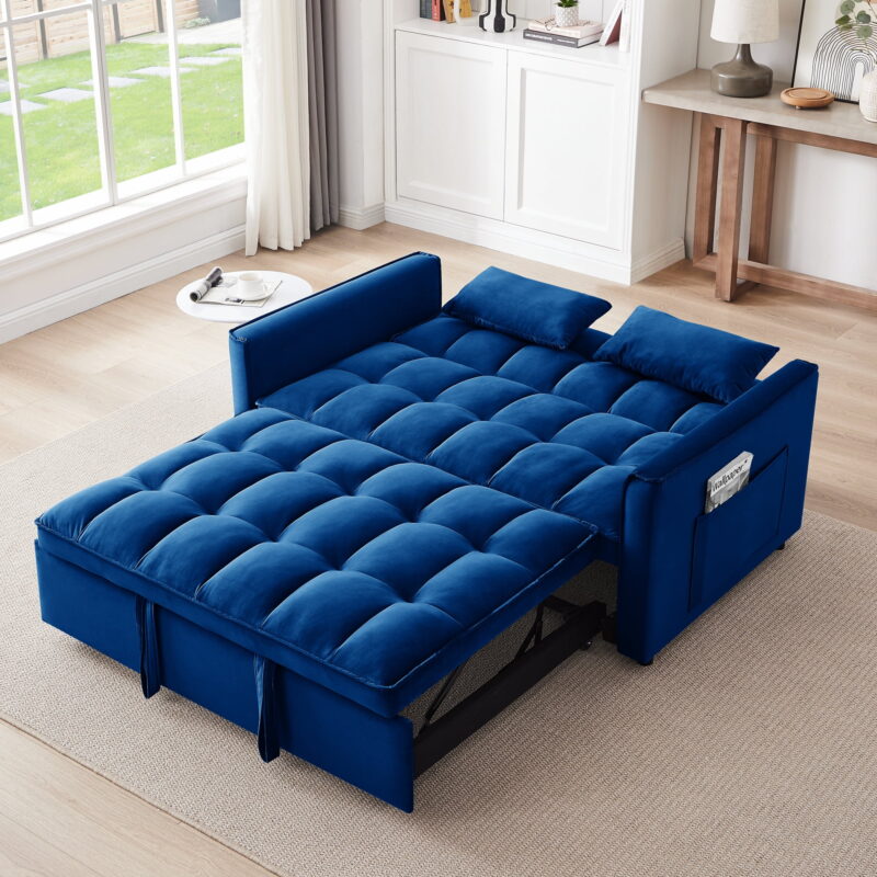 3 in 1 Sleeper ,55" Modern Velvet Convertible Pull Out Bed, Loveseat with 2 Toss Pillows and Adjustable Backrest for ,Blue - Image 5