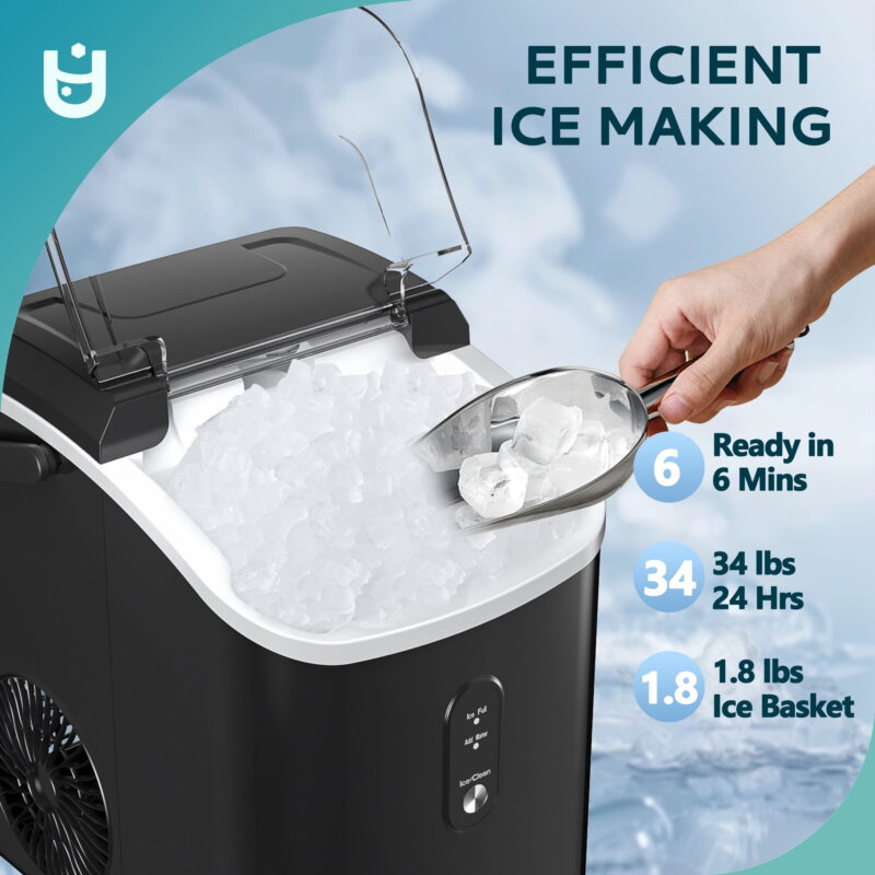 EUHOMY Nugget Ice Maker Countertop with Handle, Ready in 6 Mins, 34.5 lbs Per Day, Removable Top Cover, Auto-Cleaning, Black - Image 3