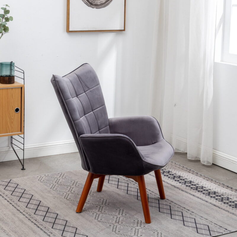 Roundhill Furniture Leiria Contemporary Silky Velvet Tufted Accent Chair with Ottoman, Gray - Image 5