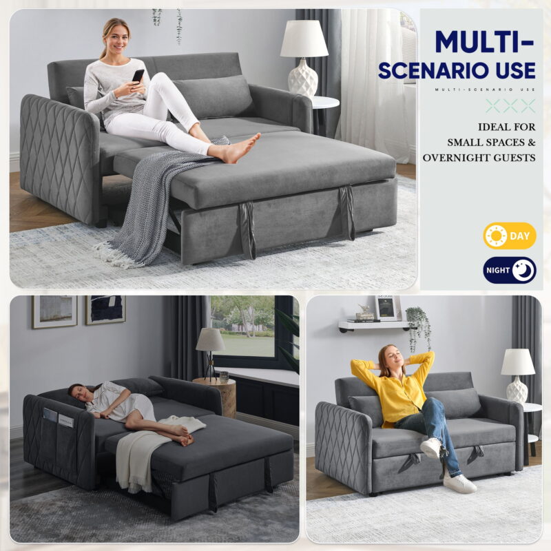 Lunale Convertible Futon Sofa Bed for Living Room, Modern Upholstered Loveseat Sleeper in Gray - Image 6