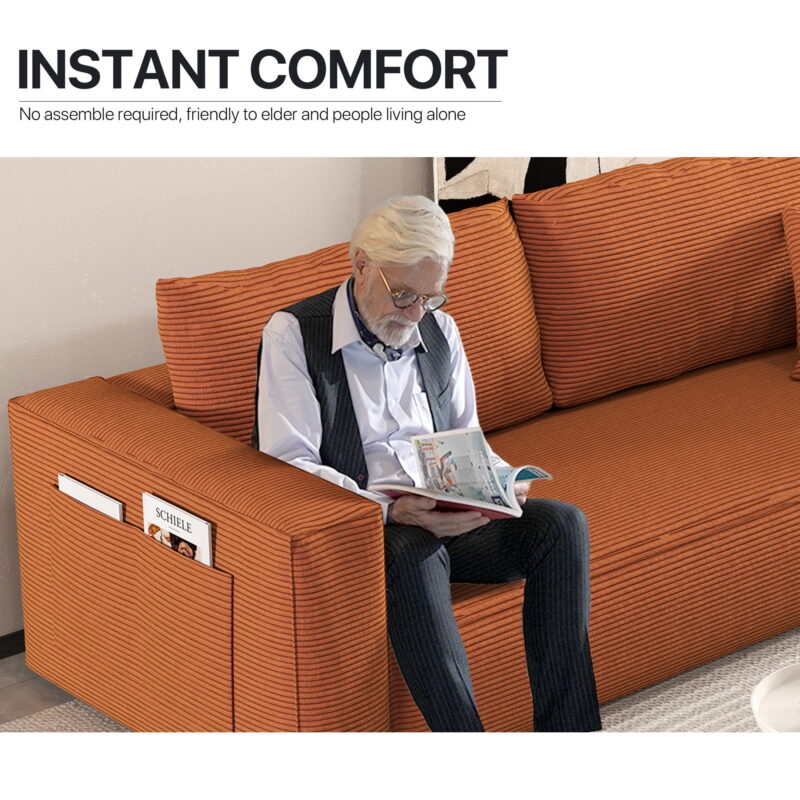 FocalSweet 89" Living Room Sleep Sofa, Deep Seat Corduroy Couch with Side Pocket,No Assembly Required, 3 Seater, Orange - Image 3