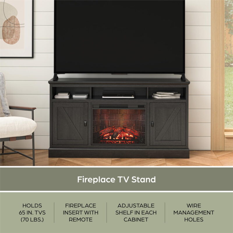 Ashton Lane Electric Fireplace TV Stand with Remote for TVs up to 65in, Black Oak - Image 5