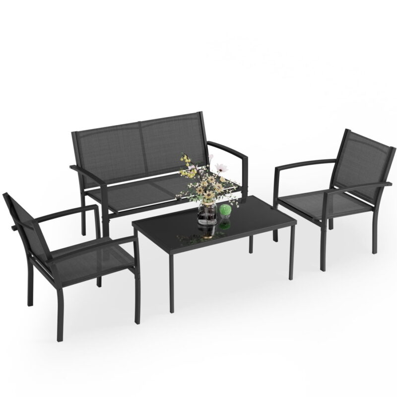 LACOO 4 Pieces Outdoor Furniture Set Patio Textilene Steel Conversation Set with Loveseat Tea Table for Lawn and Balcony, Black - Image 3