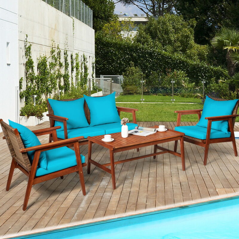 Gymax Fashion 4PCS Patio Conversation Set Wood Frame Furniture Set w/ Turquoise Cushions - Image 2