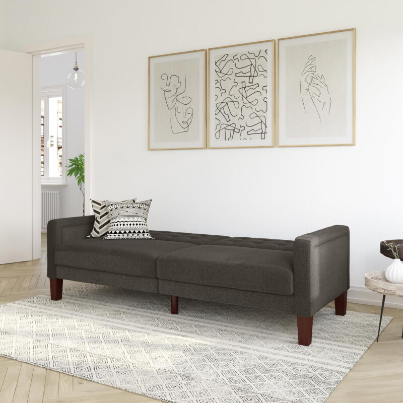 Better Homes & Gardens Porter Fabric Tufted Futon, Gray Linen - Image 3