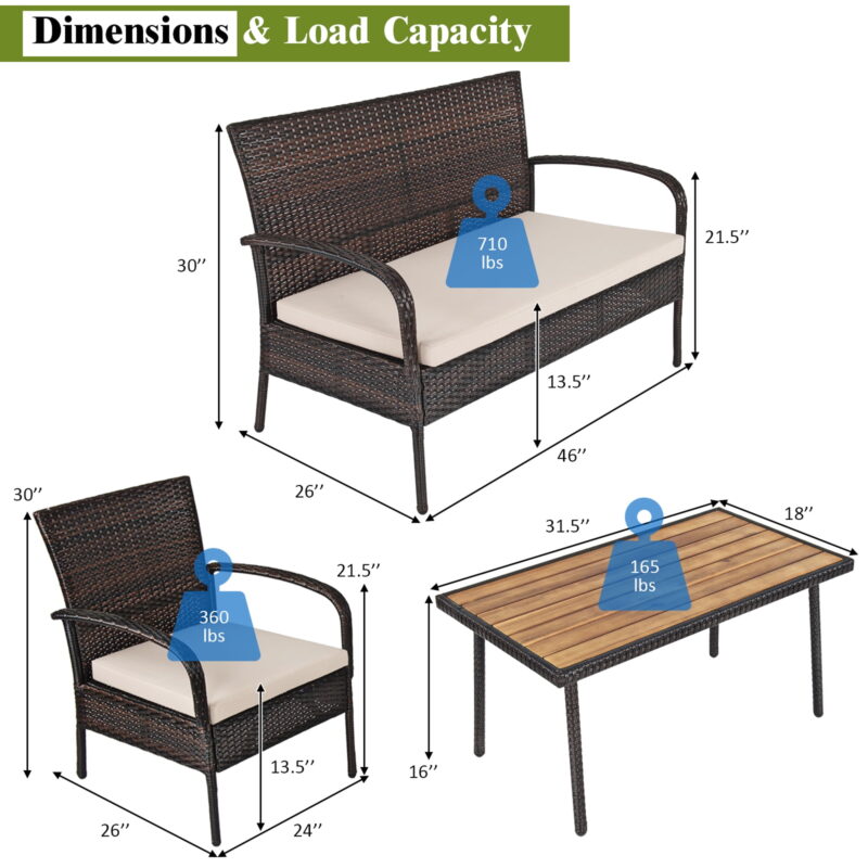Gymax Fashion 4PCS Cushioned Rattan Patio Conversation Set Outdoor Furniture Set - Image 3
