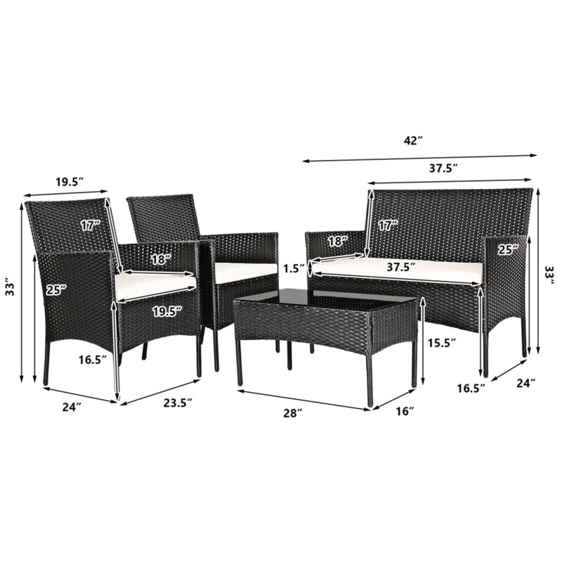 Gymax Fashion 4PCS Outdoor Furniture Set Patio Rattan Conversation Set w/ Beige Cushion - Image 3