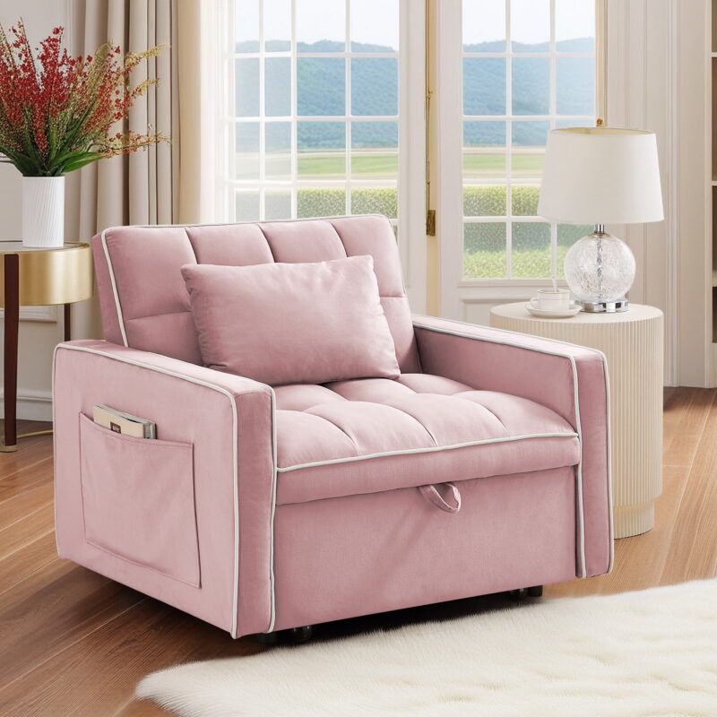 Dinosisco 3-in-1 Convertible Chair Bed, Sleeper Chair Lounge Chair Indoor, Modern Single Pull Out Couch for Living Room, Pink Velvet - Image 2