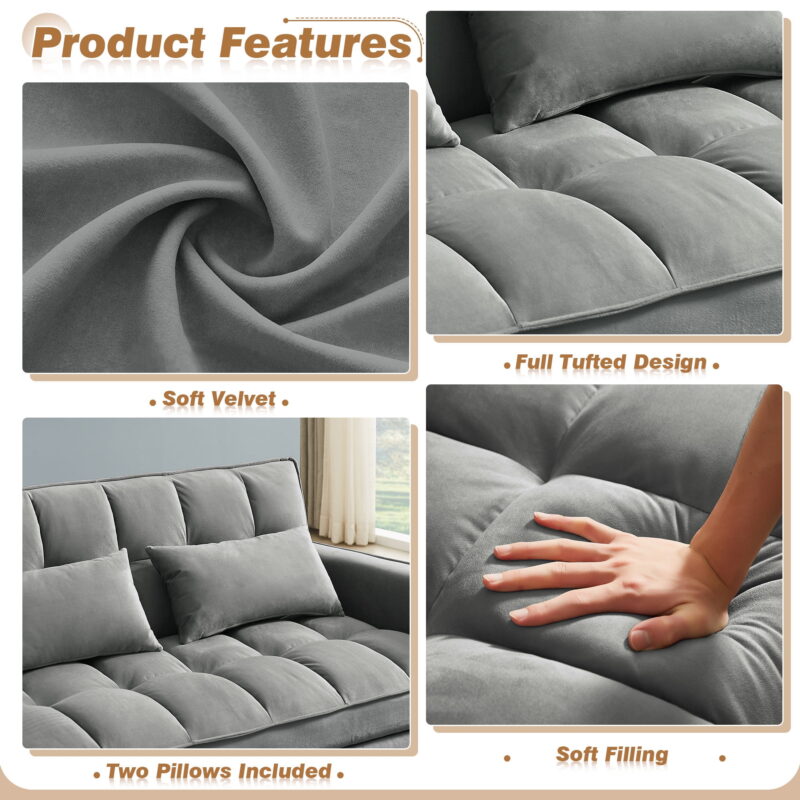 Dinosisco 4-in-1 Convertible Futon Sofa Bed, Pull Out Couch Beds Loveseat Sleeper, Gray Velvet - Image 5