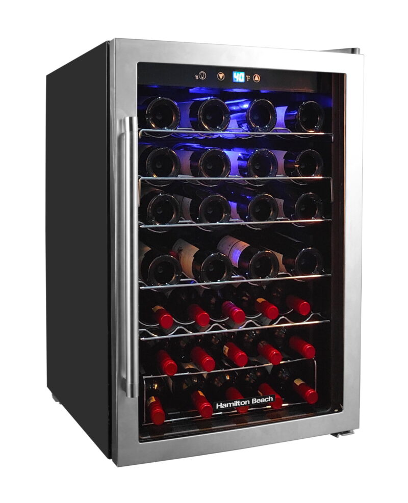 Hamilton Beach, 43 Bottle, Dual Zone Wine Fridge, Glass Door, Wooden Shelves, Stainless Steel - Image 2